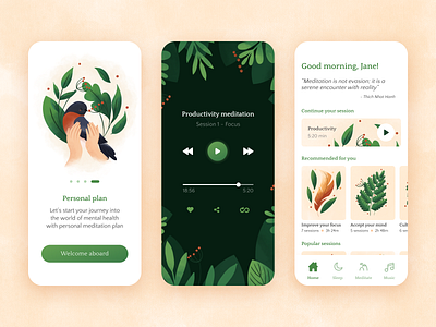 Meditation app bird illustration home illustration ios meditate meditation meditation app mobile mobile illustration onboarding ui relaxing ui ux