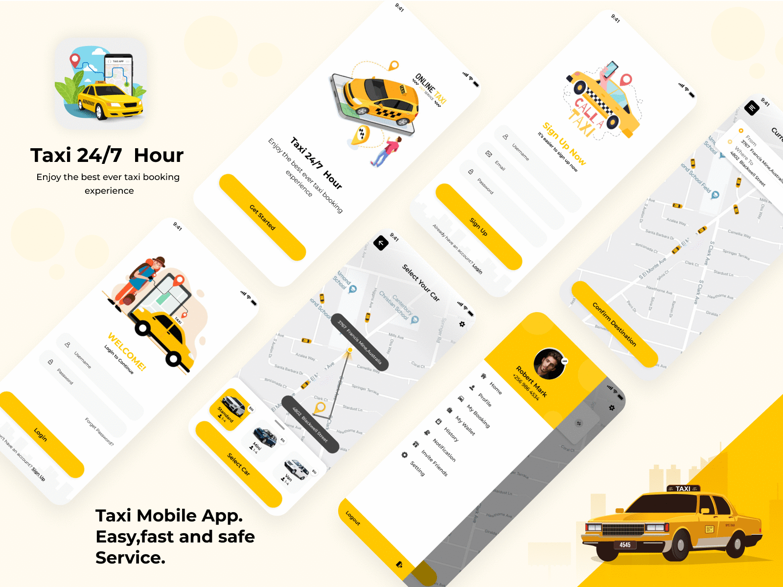 Taxi Booking App app app concept booking app cab car booking app design figma illustration ios location map mobile app ride ride sharing app taxi taxi app taxi driver ui ux