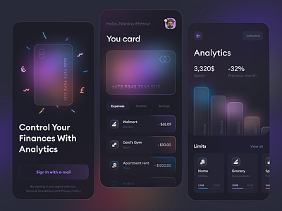 Banking & Analytics App analytics app banking budget chart clean colorful credit card dark theme dark ui expenses finance fintech glass income mobile money pay ui ux