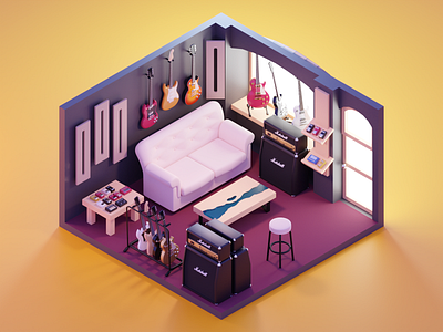 Guitar Store 3d blender diorama guitar guitar store illustration isometric lowpoly render room