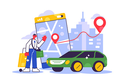Taxi service applicaiton application business business people car character design flat illustration man mobile people phone rent rental service sharing taxi uber vector