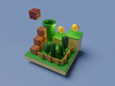 Blender Mario Scene 3d 3d art blender blender3d blendercycles coin cute green illustration mario minimal orthographic simple