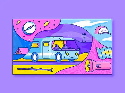 Escape camper compass illustration lantern linework miguelcm outdoors picnic procreate tent