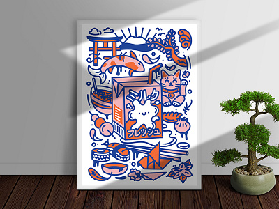 Fresh Milk from Japan a3 bright colour japanese japanese culture koi lucky cat origami print vector vectorart wall art