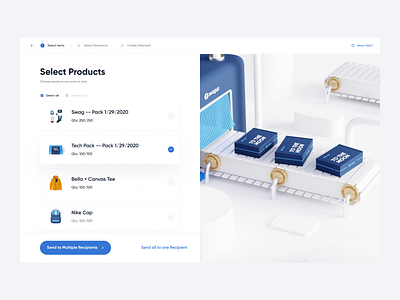 Product Selection | Multi Shipment UI assembly line bottom bar dashboard process multi shipping pack ui process ui product shipment product ui production 3d production ui select product shipment ui swag item swag pack swag process