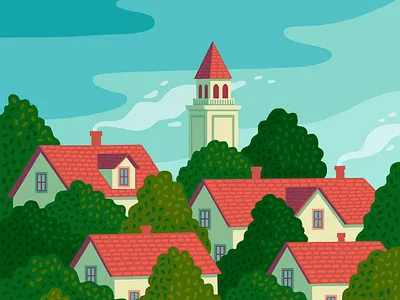 Red Roofs in the Trees illustration landscape neighborhood procreate trees