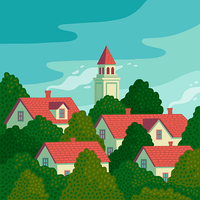 Red Roofs in the Trees illustration landscape neighborhood procreate trees