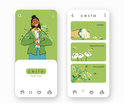 Flower shop app app design character design figma flowershop girl illustration krivaya ui ux vector