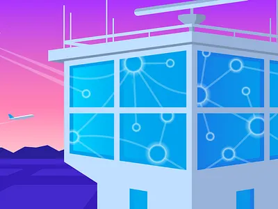 Windows for NPM Editorial Illustration airport datadog editorial flat hero illustration map metrics monitoring mountains network performance plane reflection runway sunset tech tower vector windows