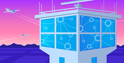 Windows for NPM Editorial Illustration airport datadog editorial flat hero illustration map metrics monitoring mountains network performance plane reflection runway sunset tech tower vector windows