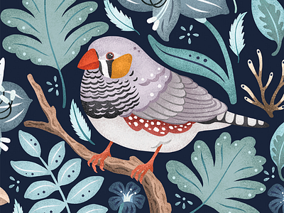 Zebra Finch bird blue cute europe finch floral flowers folklore fresco illustration illustrator leaves pattern uk