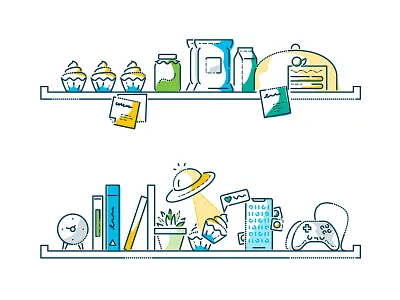 Tasty shelves aliens brand character colour and lines food icon illustration james oconnell minimal shelf tech thumbprint