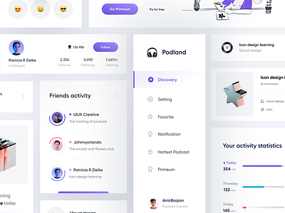 Podcast Dashboard Component design | Part 2 3d activity category chart component dashboard design system emoji icons illustraion kit light menu minimal mobile music playlist podcast profile status