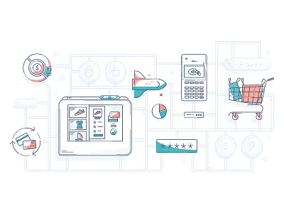Build your own solution airfix basket build colour and lines ecommerce finance fintech illustration minimal money payments tech thumbprint
