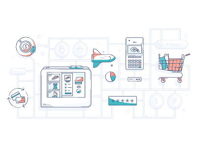 Build your own solution airfix basket build colour and lines ecommerce finance fintech illustration minimal money payments tech thumbprint