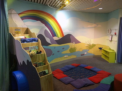 Storyplace Mural - Mountains acrylic acrylic paint hand drawn illustration interior landscape mountain mural muralart museum paint painting rainbow reading river story
