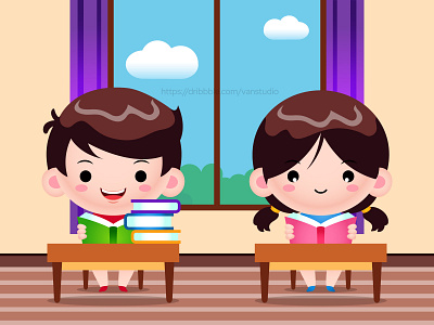 Students Reading Books In Library Cartoon Illustration book boy cartoon design girl illustration kids mascot school student study vector