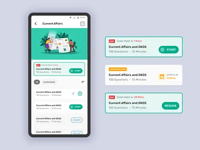 Exams Screen - Entri app clean dailyui design education app illustration kochi minimal simple ui ux