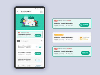 Exams Screen - Entri app clean dailyui design education app illustration kochi minimal simple ui ux