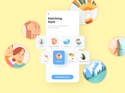 Travel ap: Matching app design illustration ui