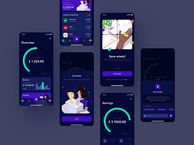 Fimago - 3 accounts assistant bot chart chat chatbot dark mode dashboad finance illustration isometric illustration management mobile mobile app onboarding overview savings transations ui ux