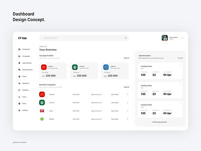LV App Dashboard card ui card view company overview concept dashboard dashboard app dashboard design dashboard ui dates leads management modern design opportunities overview questionnaire savings uidesign web portal