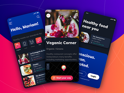 Restaurant mobile app dark mode app cxdojo dark app dark mode dark theme dark ui food health healthy map minimal mobile mobile app organic restaurant restaurant app search uidesign uiux vegan