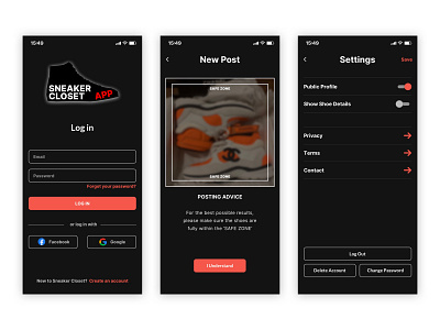 Sneaker Closet App app branding camera clean colour design ios login minimal mobile register settings simple sneakerhead sneakers toggle ui upload