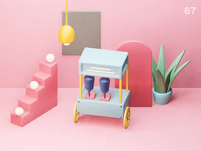 Still life 30 | Everyday object 3d colors composition illustration pink plant stall