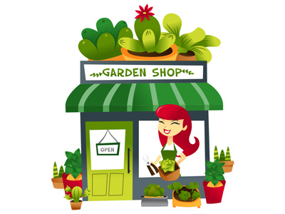 Cartoon Garden Shop With Storekeeper At the Window building cartoon character design cute garden gardening girl illustration illustrator nature plants scene shop shopkeeper shopping store vector woman