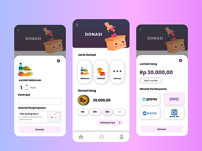 Charity App - Mobile App aplikasi app charity charity app design donasi donasi makanan donasi uang donate donation donation app food hi fi high fidelity mobile mockup money purple ui ux