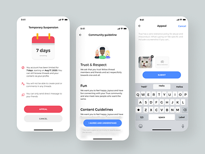 Temporary suspension design in social media app community community guideline consumer mobile app secure security security app social media temporary suspension texture trust trust community user trust