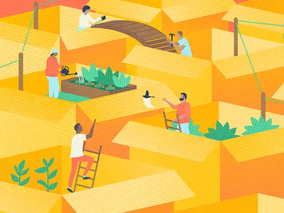 Thinking outside the box atlassian blog building characters editorial art editorial illustration garden illustration illustration art innovation remote work tech texture thinking virtual