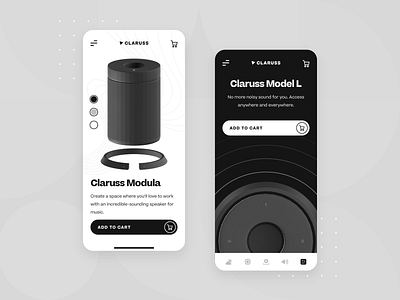 Claruss - Bluetooth Speaker Main UI/UX App Screen 2 3d app audio black bluetooth c4d ecommerce headphone minimal mobile music product screen sound speaker speakers startup system ui ux wireless