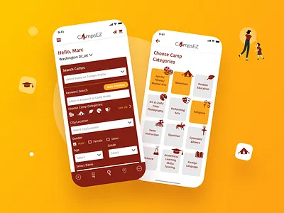 Camp activities and programs app design graphicdesign iconography illustration mobile app design typography ui ui design uiux ux ux design vector