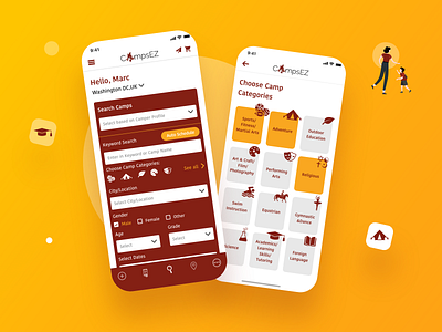 Camp activities and programs app design graphicdesign iconography illustration mobile app design typography ui ui design uiux ux ux design vector