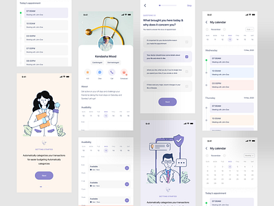 Medical service app availability book appointment calander doctor doctor appointment health app hospital app illustrations medical medical app medical care medicine message app profile page question schedule app survey task list to do app uidesign