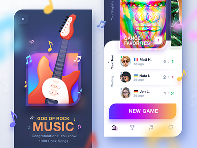 Music Game App achievement achievements app art challenge competition dance design game guitar icon ios music playlist quiz rock skeuomorphism song ux