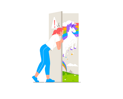 Only for employees 404 character entrance exit girl illustration rainbow unicorn vector