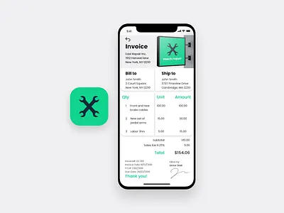 Repair shop, invoice branding design grenn invoice iphone logo mechanic minimal receipt repair repair shop ui