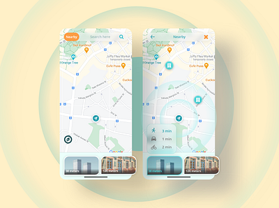 Location tracker App - Daily UI #020 20 2021 app ui building cyan dailyui figma location tracker map mobile morphism orange sketch tracker tracker app ui yellow