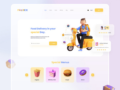 Foodex Food Delivery Landing Page Header Section 3d design 3d food 3d ilustration clean ui delivery service food illustration glassmorphism header design trendy ui web ui design