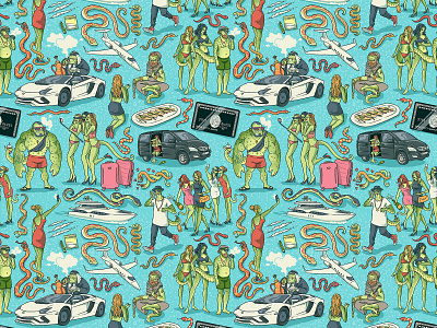 Super Slutty Snake cars character characterdesign drawing graphic illustration leonardo dicaprio money pattern pattern design planes retro snake textile design texture yacht