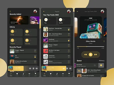 Mobile music app with dark theme artist artwork audio audio app audio player dark theme mobile mobile dark mobile ui music music app playlist song ui