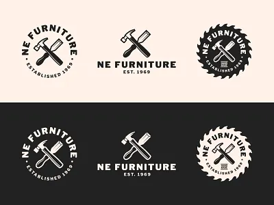 NE Furniture Logo badge badge design carpenter chisel furniture hammer logo logo design logo designs logodesign mark rustic wordmark