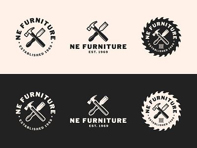 NE Furniture Logo badge badge design carpenter chisel furniture hammer logo logo design logo designs logodesign mark rustic wordmark