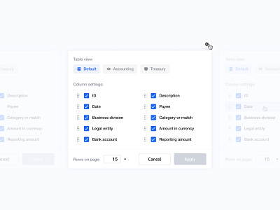 Table view - settings checkbox clean column drag and drop minimal settings table ui view web