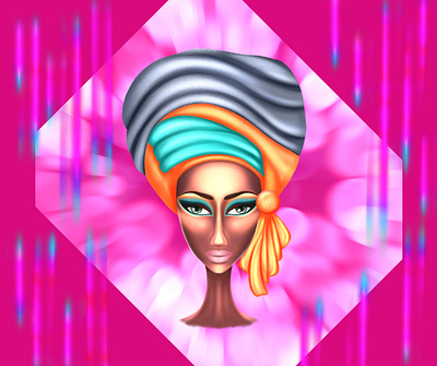 Dark-skinned girl in a colored headdress art artwork avatar blue dark design drawing fashion girl illustration nature pink procreate sketch woman