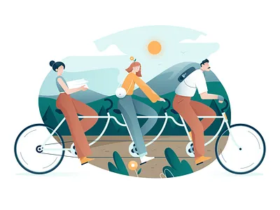 Waiting for the warm sunny days to come bicycle bike flower gradient illustration landscape nature people sky sun sunny travel