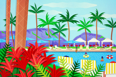 Hawaiian Vacation 60s style art digital art flowers hawaii illustration island kauai midcentury mountains people pool poolside print retro summer sun vector vectorart